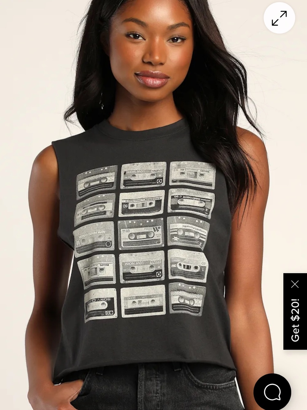 Cassette Washed Black Cropped Graphic Muscle Tank Top